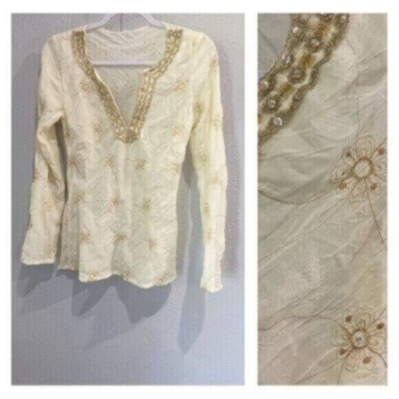 Vintage Y2K Beaded Fairycore Embroidered 90's Semi Sheer Neutral Boho Top - Picture 1 of 7